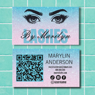 Blue Glitter Gradient Lashes QR Code Scannable Business Card