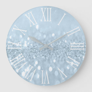 Blue Glitter Grey Metallic Silver Roman Number Large Clock