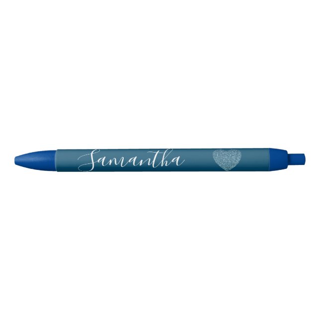 Blue Glitter Heart Personalised Name Black Ink Pen (Front)