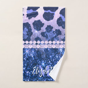 Blue Glitter Leopard Print Bath Towel Set