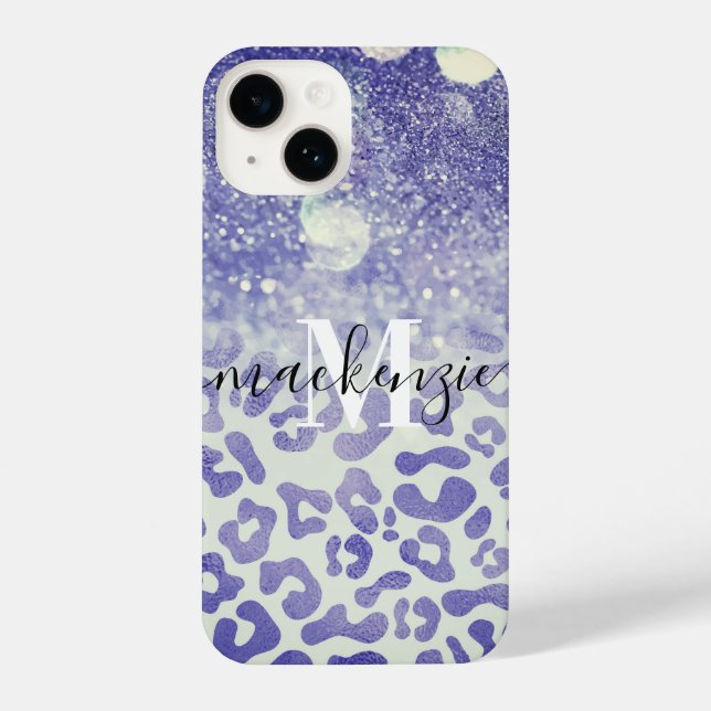 Blue Glitter Leopard Print iPhone Case (Back)