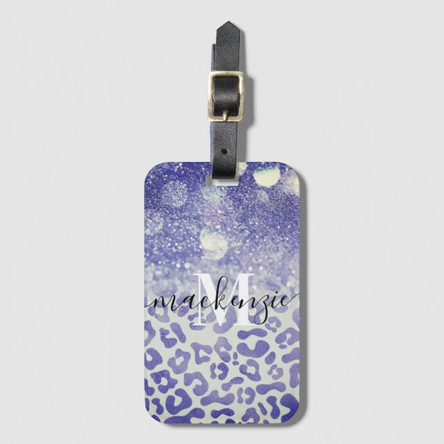 Blue Glitter Leopard Print Luggage Tag (Front Vertical)