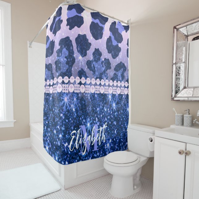Blue Glitter Leopard Print Shower Curtain (In Situ)