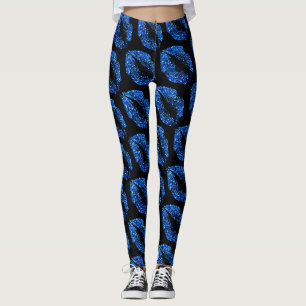 Blue Glitter Lips Modern Black Leggings