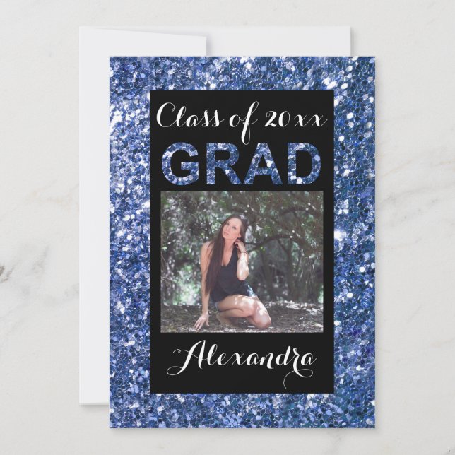 Blue Glitter-Look 1 Photo Graduation Invitation (Front)