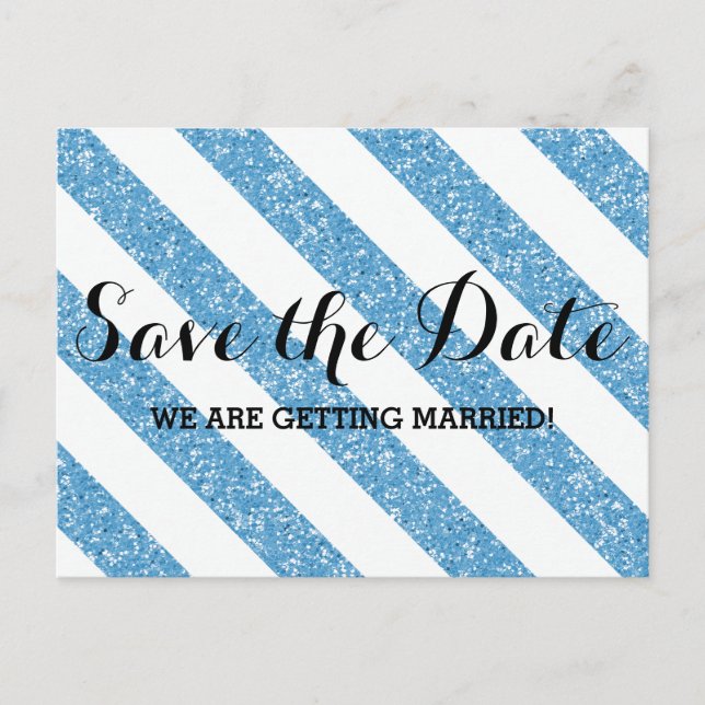 Blue Glitter Look Stripes Save the Date Postcard (Front)