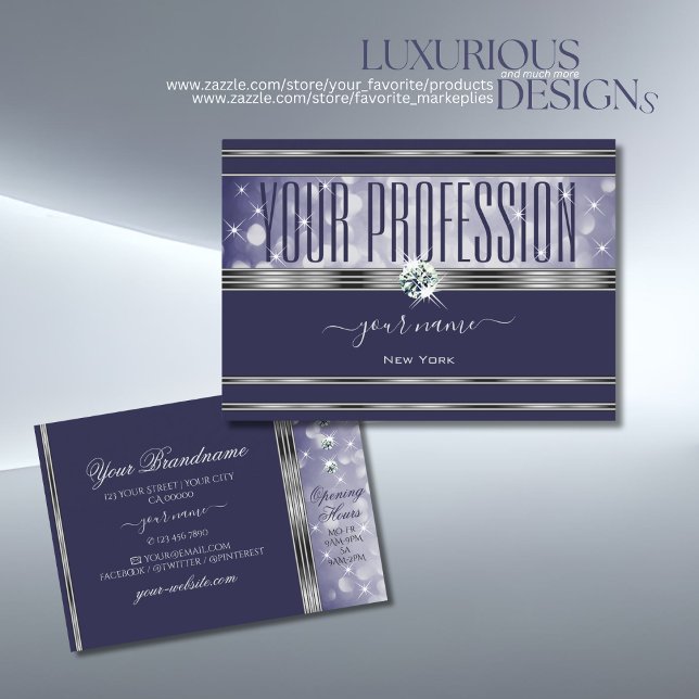 Blue Glitter Luminous Stars Diamonds Silver Border Business Card (Creator Uploaded)