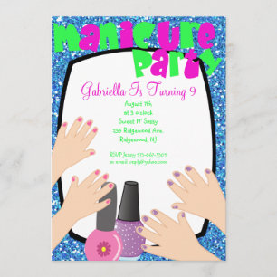 Blue Glitter Manicure Spa Birthday Party Invitation