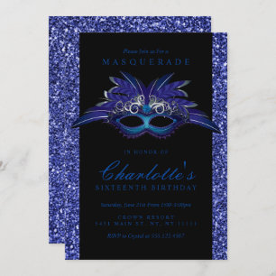 Blue Glitter Masquerade Party Invitations