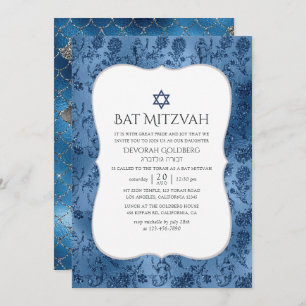Blue Glitter Mermaid Pattern Bat Mitzvah Invitation