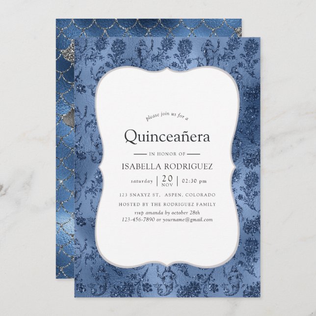 Blue Glitter Mermaid Pattern Quinceanera Invitation (Front/Back)