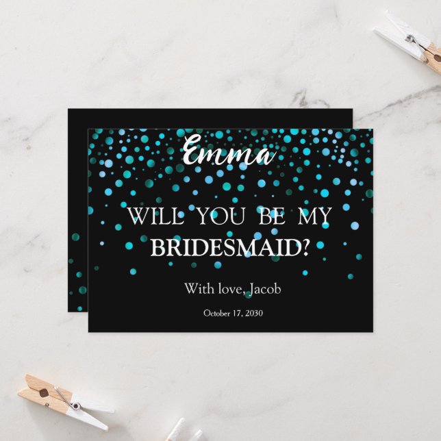 Blue Glitter Minimal Script Bridesmaid Proposal  Invitation (Front/Back In Situ)