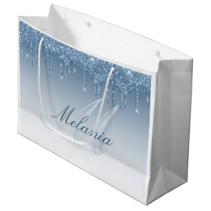blue glitter monogram large gift bag