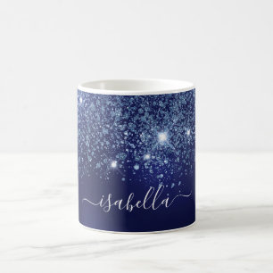 Blue glitter monogram name script coffee mug