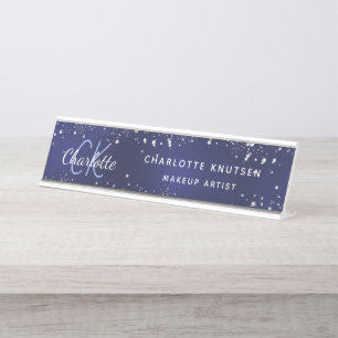 Blue glitter monogram professional  desk name plate