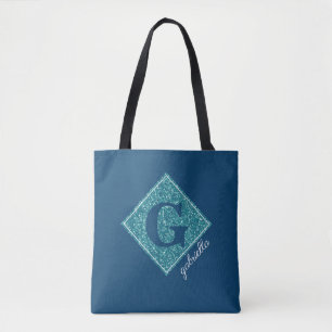 Blue Glitter Monogram Tote Bag