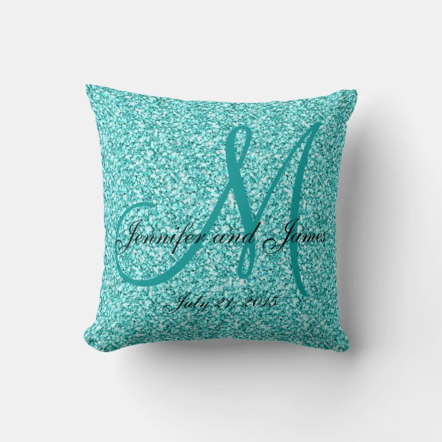 Blue Glitter Monogrammed Wedding Keepsake Pillow (Front)