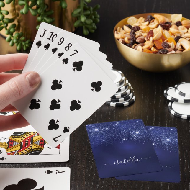 Blue glitter name script playing cards (In Situ)