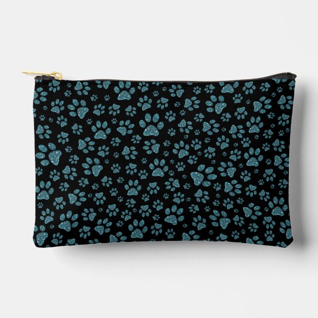 Blue glitter paws sparkle effect black background accessory pouch (Front)