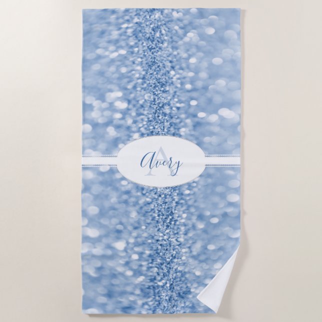 Blue Glitter Personalise Beach Towel (Front)