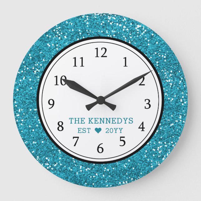Blue Glitter Personalised Family Large Clock (Front)