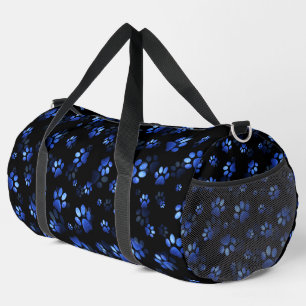 Blue Glitter Pet Paw print on black background Duffle Bag