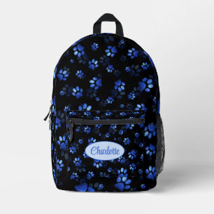 Blue Glitter Pet Paw print on black background Printed Backpack