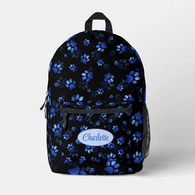 Blue Glitter Pet Paw print on black background Printed Backpack (Front)