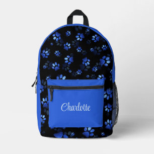 Blue Glitter Pet Paw print on black background Printed Backpack