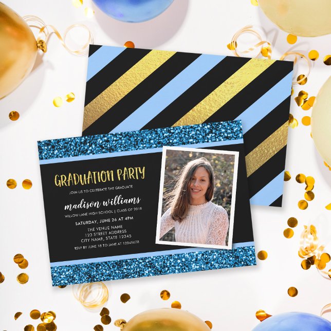 Blue Glitter Photo Graduation Party Invitation (Creator Uploaded)