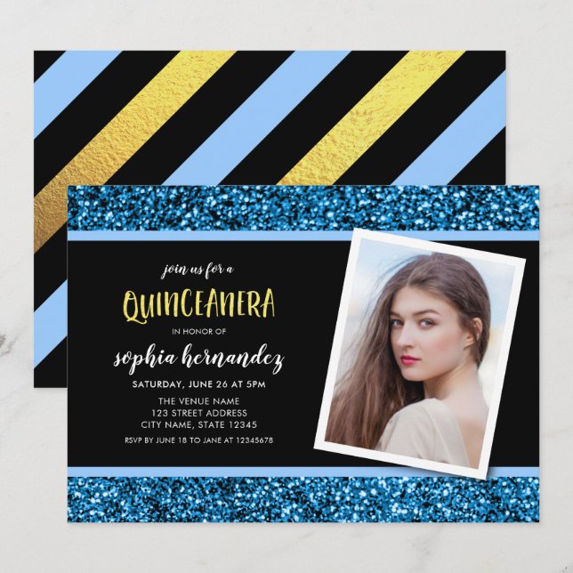 Blue Glitter Photo Quinceanera Invitation (Front/Back)