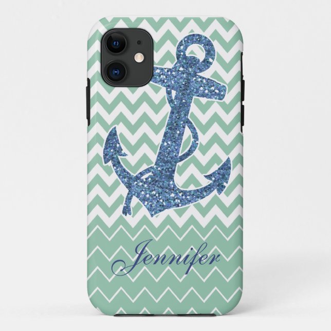 Blue Glitter Print Anchor Nautical Mint Green Case (Back)