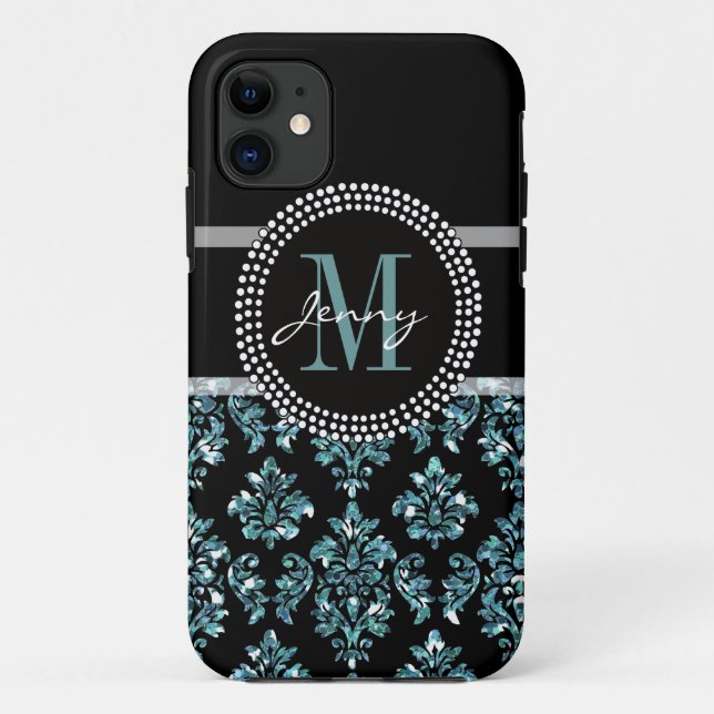 Blue Glitter Printed, Black Damask Personalised Case-Mate iPhone Case (Back)