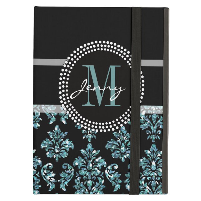 Blue Glitter Printed, Black Damask Personalised Cover For iPad Air (Front Closed)