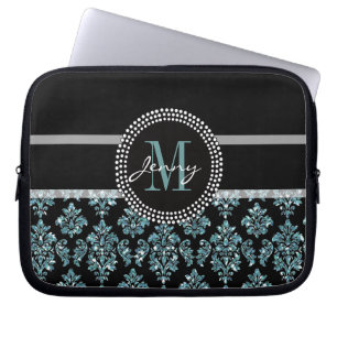 Blue Glitter Printed, Black Damask Personalised Laptop Sleeve