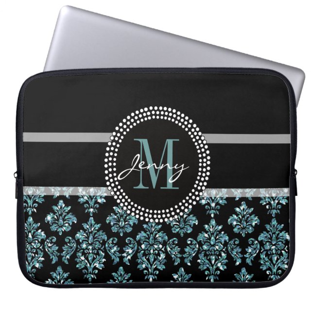 Blue Glitter Printed, Black Damask Personalised Laptop Sleeve (Front)