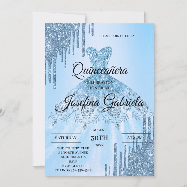 Blue Glitter Quinceañera Invitation (Front)