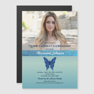 Blue Glitter Quinceañera Photo Magnetic Invitation