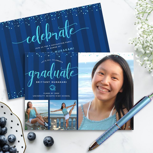 Blue glitter script graduation 3 photo collage invitation (Creator Uploaded)