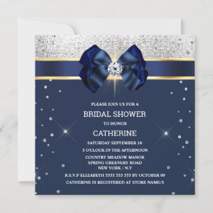 Blue glitter silver gold ribbon bow sparkle glam invitation
