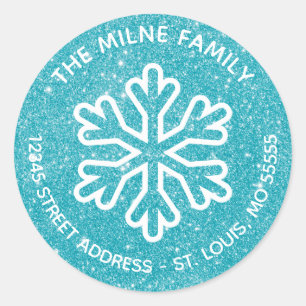 Blue Glitter Snowflake - Circle Return Address Classic Round Sticker