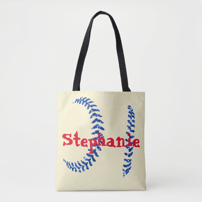 Blue Glitter Softball Stitches Tote Bag (Front)