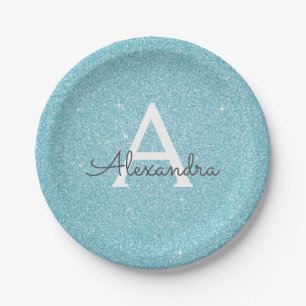 Blue Glitter & Sparkle Monogram Birthday Paper Plate