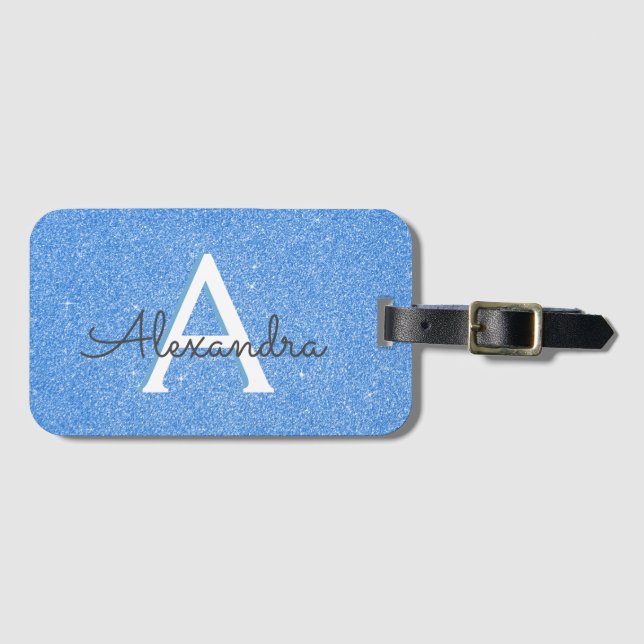 Blue Glitter Sparkle Monogram Name and Initial Luggage Tag (Front Horizontal)