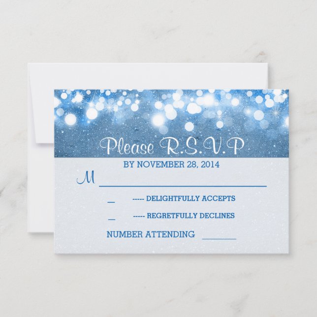 blue glitter string lights romantic wedding RSVP Card (Front)