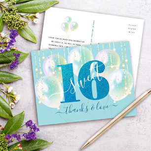 Blue Glitter Sweet 16 Birthday Balloon Thank You Postcard