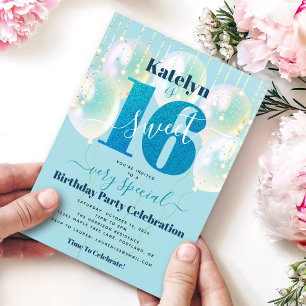 Blue Glitter Sweet 16 Birthday Balloons Modern Invitation