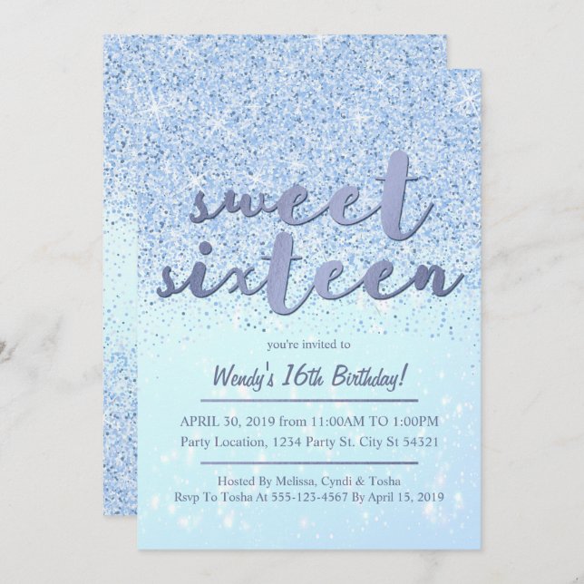 Blue Glitter Sweet 16 Birthday Invitations (Front/Back)