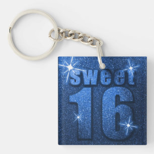 Blue Glitter Sweet 16 Birthday Keychain