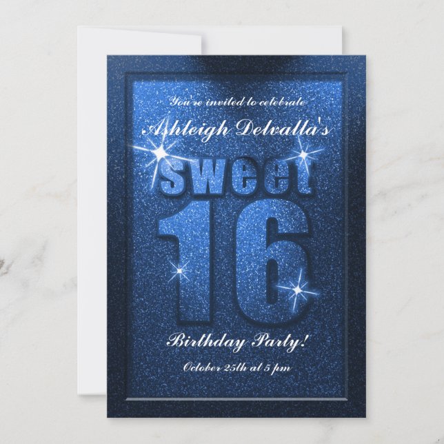 Blue Glitter Sweet 16 Birthday Party Invitation (Front)